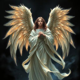 A depiction of the angel Azrael, characterized by a majestic and serene presence, surrounded by an enchanting dark background