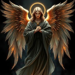 A depiction of the angel Azrael, characterized by a majestic and serene presence, surrounded by an enchanting dark background