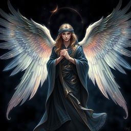 A depiction of the angel Azrael, characterized by a majestic and serene presence, surrounded by an enchanting dark background