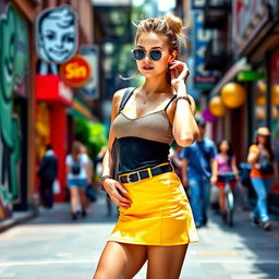 A stylish young woman wearing a fashionable mini skirt, showcasing her confidence and flair for trendy fashion