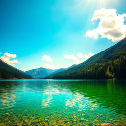 A serene landscape featuring a tranquil lake surrounded by lush green forests and mountains in the background, with crystal clear water reflecting the sky