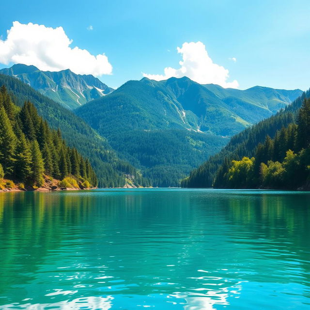 A serene landscape featuring a tranquil lake surrounded by lush green forests and mountains in the background, with crystal clear water reflecting the sky