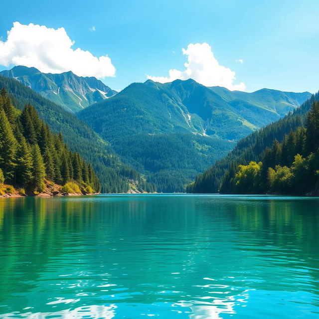 A serene landscape featuring a tranquil lake surrounded by lush green forests and mountains in the background, with crystal clear water reflecting the sky