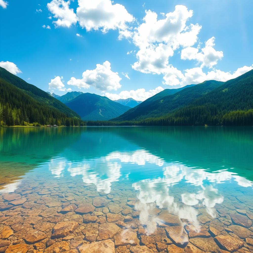 A serene landscape featuring a tranquil lake surrounded by lush green forests and mountains in the background, with crystal clear water reflecting the sky