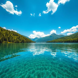 A serene landscape featuring a tranquil lake surrounded by lush green forests and mountains in the background, with crystal clear water reflecting the sky