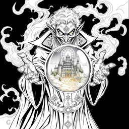 A wicked-looking magician with an evil smile, surrounded by swirling dark magic