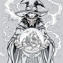 A wicked-looking magician with an evil smile, surrounded by swirling dark magic