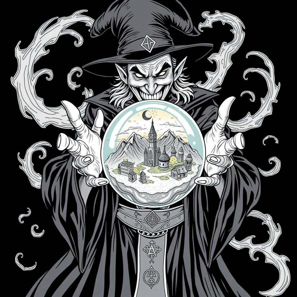A wicked-looking magician with an evil smile, surrounded by swirling dark magic