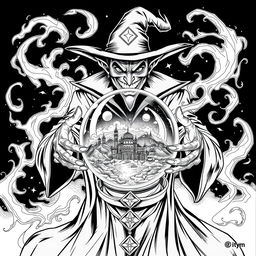 A wicked-looking magician with an evil smile, surrounded by swirling dark magic