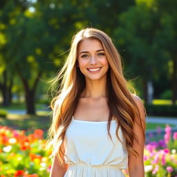 A beautiful young woman with long flowing hair, dressed in a stylish summer dress, standing in a sunlit park