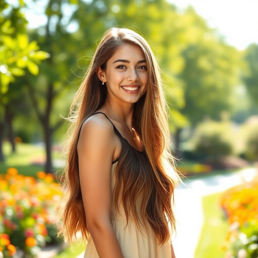 A beautiful young woman with long flowing hair, dressed in a stylish summer dress, standing in a sunlit park