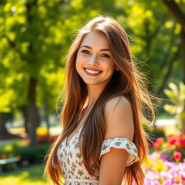 A beautiful young woman with long flowing hair, dressed in a stylish summer dress, standing in a sunlit park