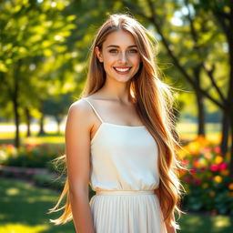 A beautiful young woman with long flowing hair, dressed in a stylish summer dress, standing in a sunlit park