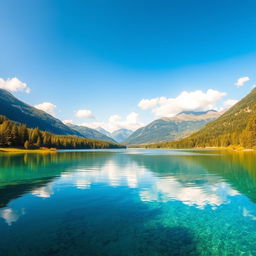 A serene landscape featuring a tranquil lake surrounded by lush green forests and mountains in the background, with crystal clear water reflecting the sky