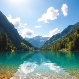 A serene landscape featuring a tranquil lake surrounded by lush green forests and mountains in the background, with crystal clear water reflecting the sky