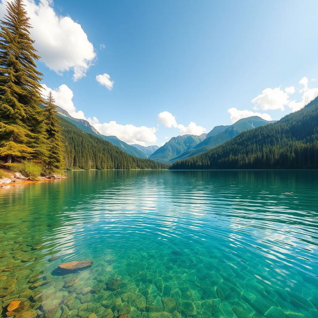 A serene landscape featuring a tranquil lake surrounded by lush green forests and mountains in the background, with crystal clear water reflecting the sky