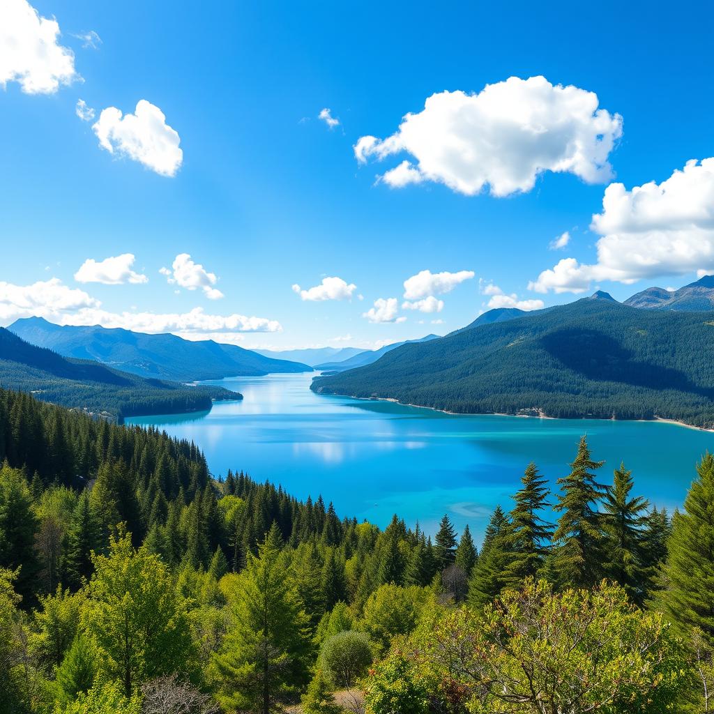 A serene landscape featuring a tranquil lake surrounded by lush green forests and mountains in the background, with crystal clear water reflecting the sky