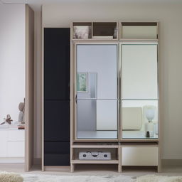 A full-wall TV unit equipped with a mirror-accented wardrobe on the left. The base of the TV unit is composed of numerous covered shelves and drawers optimised for storage.