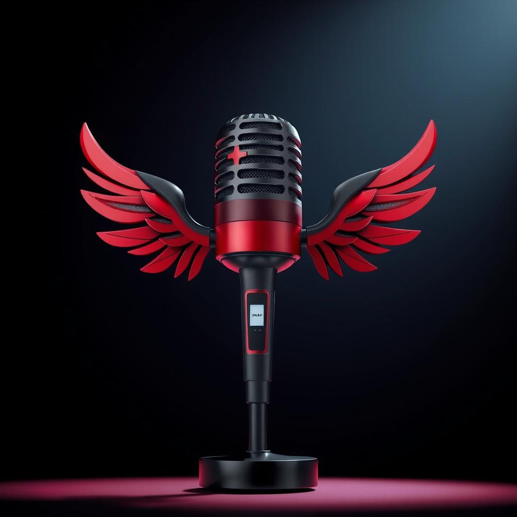 A stylized microphone with wings, featuring a sleek design and a color scheme of black and red