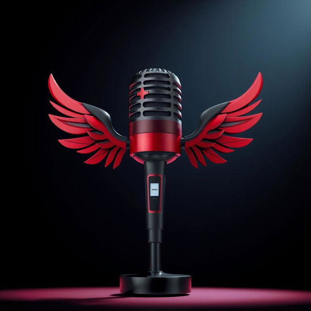 A stylized microphone with wings, featuring a sleek design and a color scheme of black and red