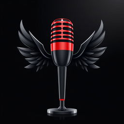 A stylized microphone with wings, featuring a sleek design and a color scheme of black and red