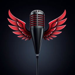 A stylized microphone with wings, featuring a sleek design and a color scheme of black and red