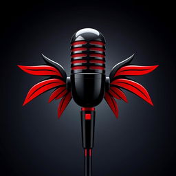 A stylized microphone with wings, featuring a sleek design and a color scheme of black and red