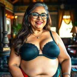 A realistic image of a wealthy Indian village woman over 60 years old, voluptuous and curvy, with long brown hair styled elegantly and wearing glasses