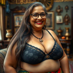 A realistic image of a wealthy Indian village woman over 60 years old, voluptuous and curvy, with long brown hair styled elegantly and wearing glasses