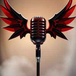A stylized microphone with wings, featuring a striking design in red and black colors