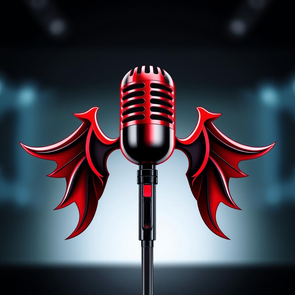 A stylized microphone with wings, featuring a striking design in red and black colors