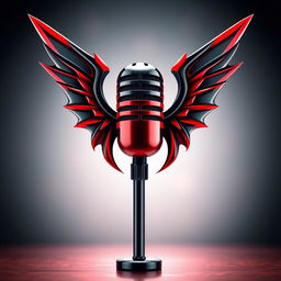A stylized microphone with wings, featuring a striking design in red and black colors