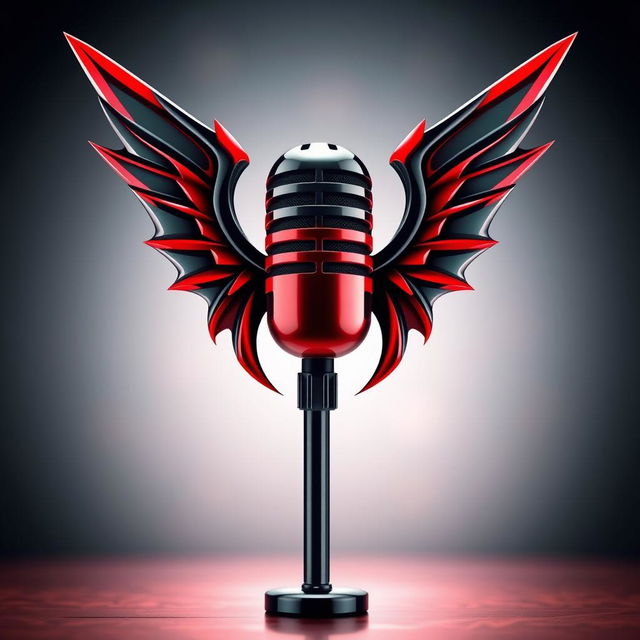 A stylized microphone with wings, featuring a striking design in red and black colors