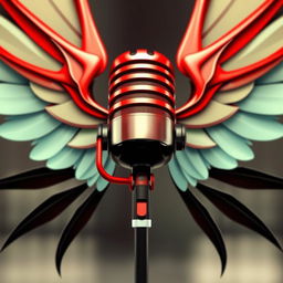 A stylized microphone with wings, featuring a striking design in red and black colors