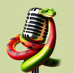 A stylish microphone entwined with a snake, featuring vibrant green, red, and black colors