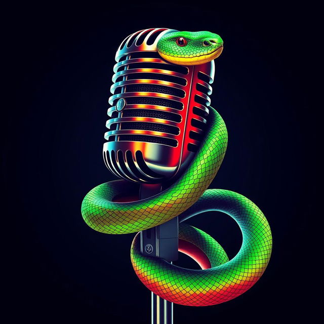 A stylish microphone entwined with a snake, featuring vibrant green, red, and black colors