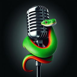 A stylish microphone entwined with a snake, featuring vibrant green, red, and black colors