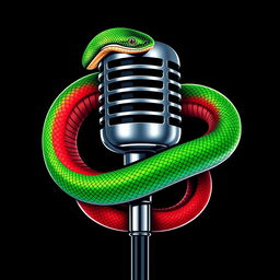 A stylish microphone entwined with a snake, featuring vibrant green, red, and black colors