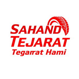 A vibrant red logo for a tire shop featuring the name 'Sahand Tejarat Hami' prominently displayed