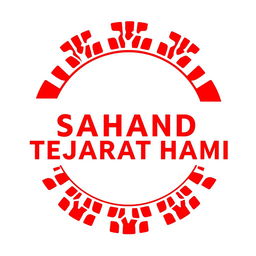 A vibrant red logo for a tire shop featuring the name 'Sahand Tejarat Hami' prominently displayed