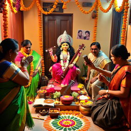 A vibrant and colorful Saraswati Puja celebration in an Indian home, showcasing a beautifully adorned idol of Goddess Saraswati, surrounded by traditional offerings like books, musical instruments such as a veena, and flowers