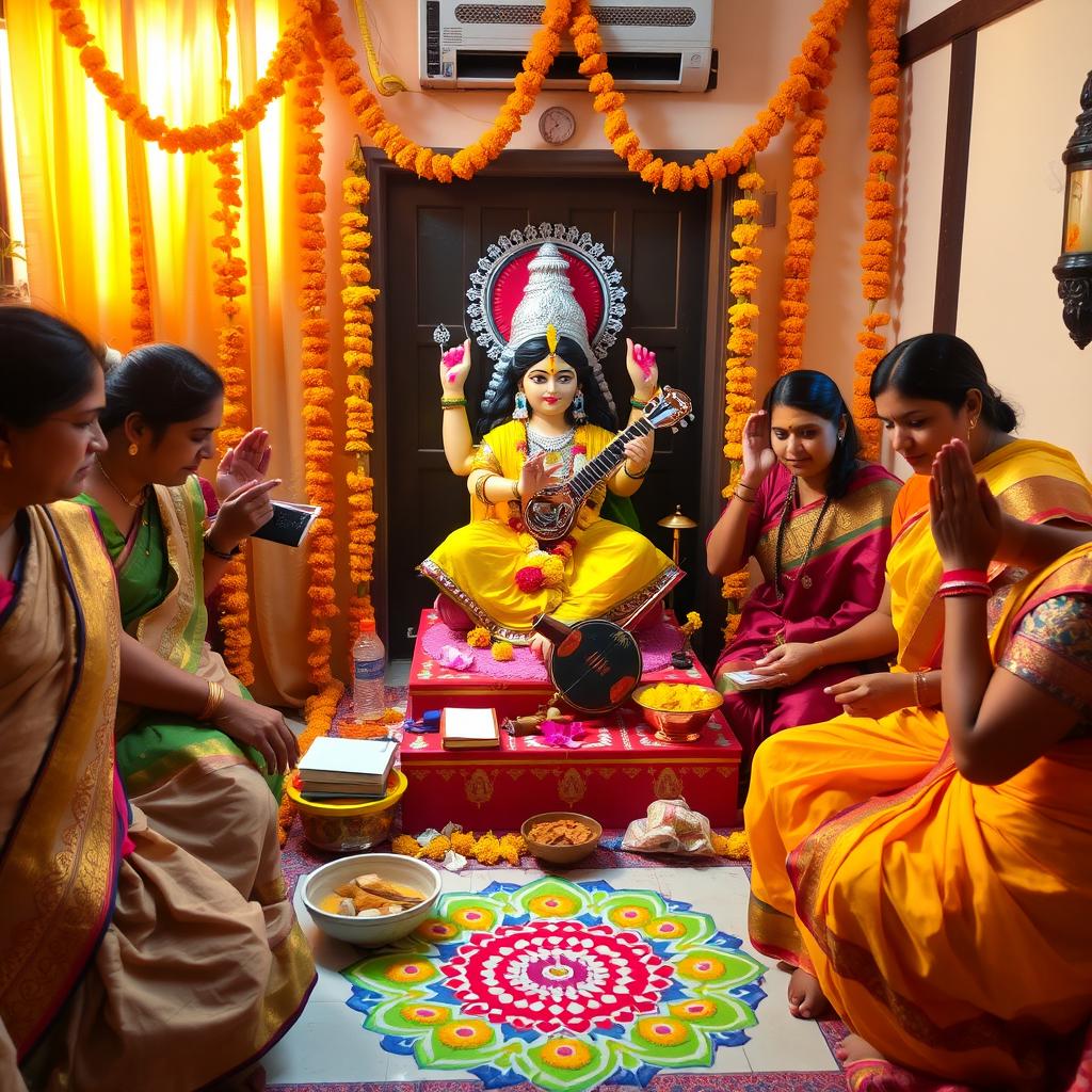 A vibrant and colorful Saraswati Puja celebration in an Indian home, showcasing a beautifully adorned idol of Goddess Saraswati, surrounded by traditional offerings like books, musical instruments such as a veena, and flowers