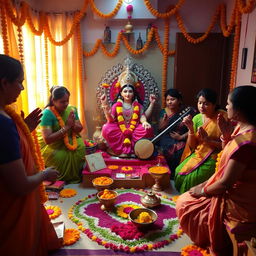 A vibrant and colorful Saraswati Puja celebration in an Indian home, showcasing a beautifully adorned idol of Goddess Saraswati, surrounded by traditional offerings like books, musical instruments such as a veena, and flowers