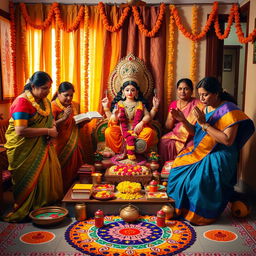 A vibrant and colorful Saraswati Puja celebration in an Indian home, showcasing a beautifully adorned idol of Goddess Saraswati, surrounded by traditional offerings like books, musical instruments such as a veena, and flowers