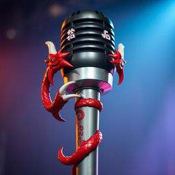 A striking microphone designed with dragon elements, featuring a bold red, black, and white color scheme