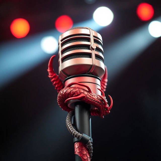 A striking microphone designed with dragon elements, featuring a bold red, black, and white color scheme