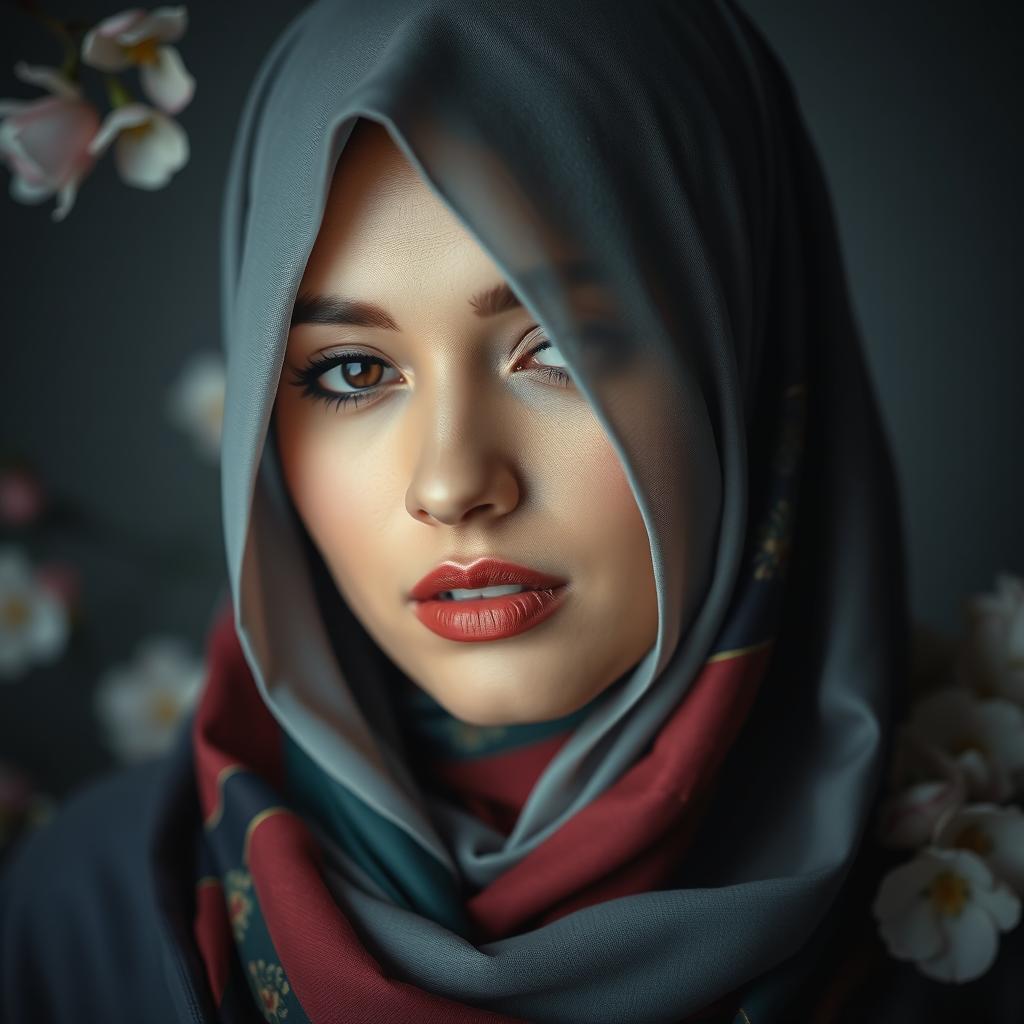 A sensual scene featuring a woman wearing a hijab in an artistic and tasteful manner, capturing elegance and beauty