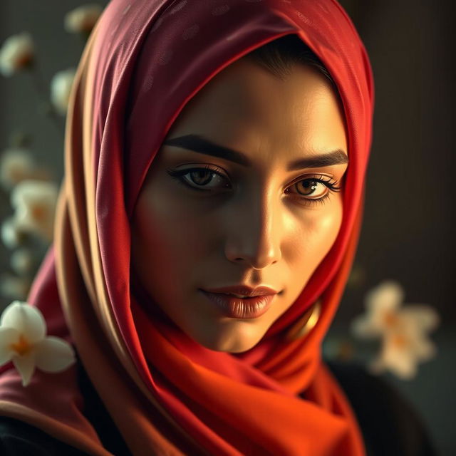 A sensual scene featuring a woman wearing a hijab in an artistic and tasteful manner, capturing elegance and beauty