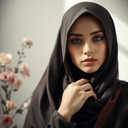 A sensual scene featuring a woman wearing a hijab in an artistic and tasteful manner, capturing elegance and beauty