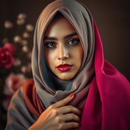 A sensual scene featuring a woman wearing a hijab in an artistic and tasteful manner, capturing elegance and beauty